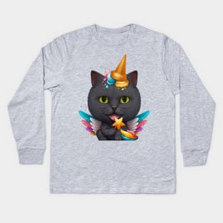 Black Cat Ice Cream Unicorn Kids Long Sleeve T-Shirt